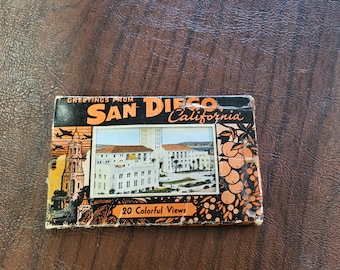 Greetings From San Diego Souvenir 20 Mini Views Set, 1940's Hopkins News Agency San Diego Photos in Small Cardboard Case, Mailed to Ohio