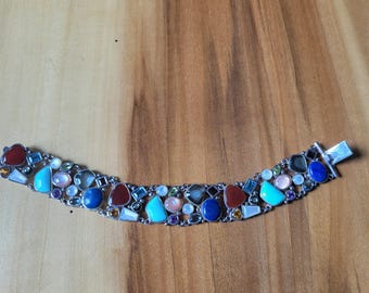 Vintage Sterling Silver Ross Simons 7 1/2 Inch Multi Gemstone Link Bracelet, Gorgeous Colorful Gemstone Bracelet, Marked "925 LT Thailand"