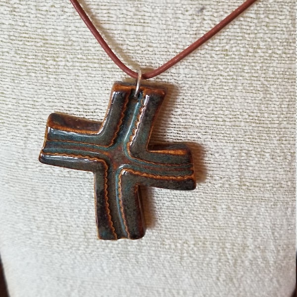 Pretty Artisan Cross Necklace, Crafted Glazed Clay/Ceramic Cross Necklace on 15 Inch Leather Chain/Cord with Sterling Clasp, Modernist Cross