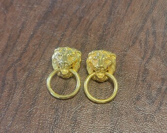 Vintage Lion Door Knocker Earrings, Bright Gold-Toned Metal Lion Earrings, Pierced Post Earrings, Door Knocker Style Earrings w/ Lion's Head