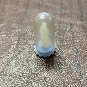 French Plastic Pocket Shrine Case, Small Statue of Virgin Mary, Clear Plastic Vintage Capsule with Blue Base & White Plastic Virgin Statue