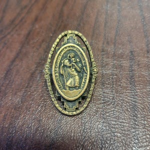 Vintage St. Christopher Visor/Car Clip, Brass or Brass Colored Metal Image of Saint Christopher with Attached Clip, &quot;Go Your Way in Safety&quot;