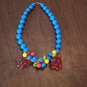 Fun Plastic Beaded Necklace with Fruit, Fruit Beaded Necklace, Multicolored Beaded Necklace with Red Grapes, Great Summer Necklace