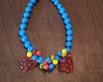 Fun Plastic Beaded Necklace with Fruit, Fruit Beaded Necklace, Multicolored Beaded Necklace with Red Grapes, Great Summer Necklace
