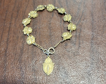 Vintage Decade Rosary Rose/Saints Bracelet, Repousse Rose on One Side, Saint's Image on Other, Rosary Bracelet, Brass or Brass Colored Metal