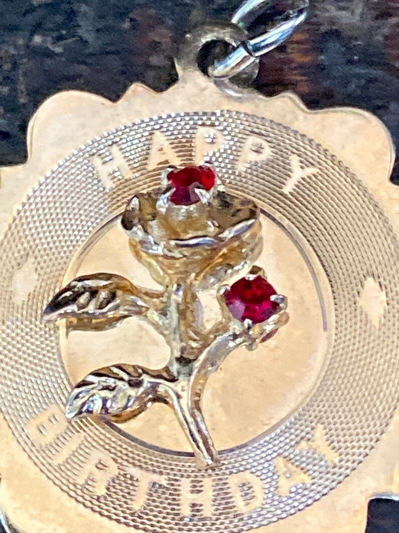 hallmark M/&M Vintage 14K gold Happy Birthday disc charm with 3D roses and two rubies