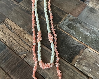 Lot of 2 vintage necklaces, coral chips, mother of pearl beads, gold tone beads