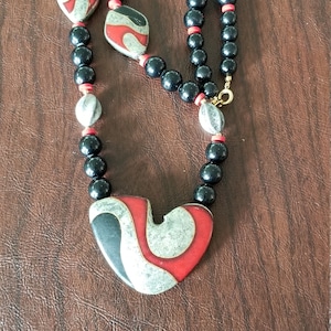 Vintage 1980&#39;s Beaded Necklace, Black, Gray, and Red Necklace, Artsy Bead Necklace Made in Japan