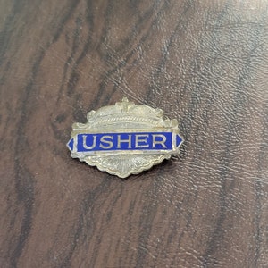 Vintage &quot;Usher&quot; Badge, Brass and Enameled Usher Pin, Ornate Badge with a Cross at the Top, Church Usher Badge