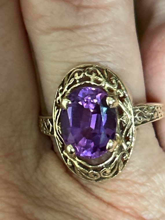 10K gold filigree and oval faceted amethyst ring … - image 9