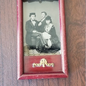 We Were Framed! Antique Tintype Photograph of 3 Beautifully Dressed People in an Ornate Wooden Frame