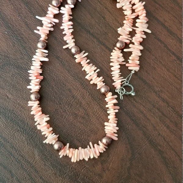 Vintage Coral Branch Necklace, 23 Inch Coral Necklace with Brown Pearls, Light Coral Color