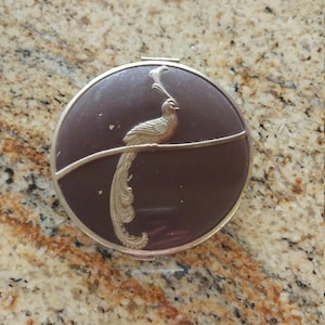 Extremely Rare 1930's Vintage Art Deco Powder/Mirror Compact, Brown Enameled Compact With Bird of Paradise Design, Maxine Compact