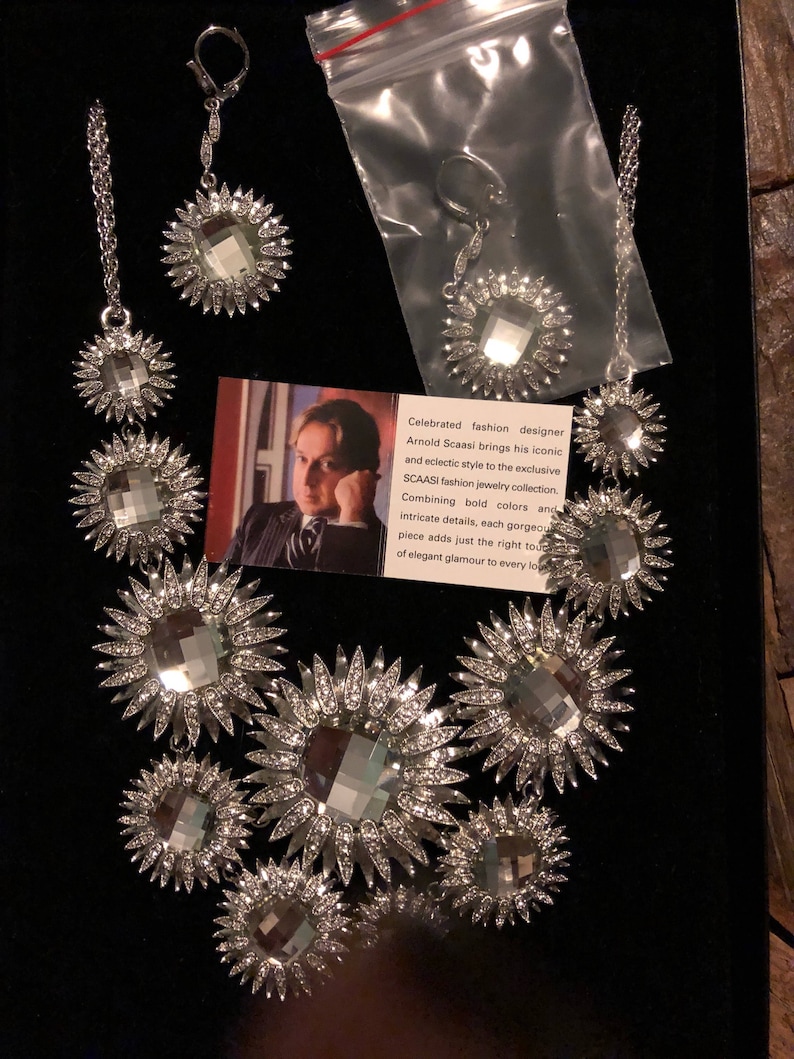 Signed Scaasi runway designer vintage silver tone flower necklace and matching earrings with clear rhinestones in original box