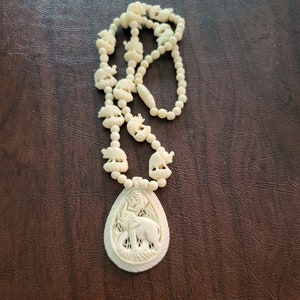 Carved Celluloid? Bovine Bone? Elephant Necklace, Carved Elephant Beads and Elephant Pendant, 18 Inch Necklace with Imperfections-Sold as Is