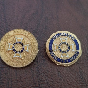 Vintage Pair of VFW Auxiliary Pins, Golden Anniversary 1914-1964 Pin, and 150 Volunteer Hours Pin, Gold-Toned Metal and Enameled Lapel Pins