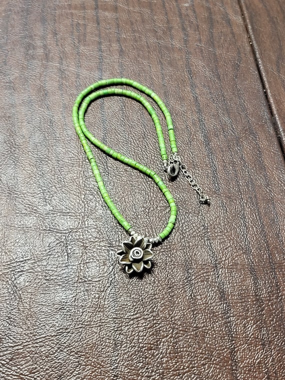 Sterling Silver and Howlite Necklace, Vintage Southwestern Necklace, Green Howlite Heishi Beads with Sterling Peyote Blossom Pendant & Clasp