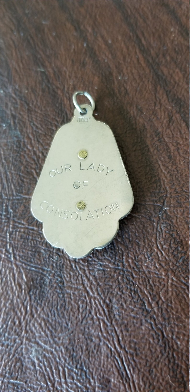 Vintage Italian Religious Medal Silver Metal and Celluloid Our Lady of Consolation MedalPendant
