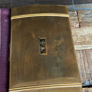 Vintage brass Volupte Curv-Case, the body-shaped cigarette case for men with protective cover bag in original box, monogrammed DM