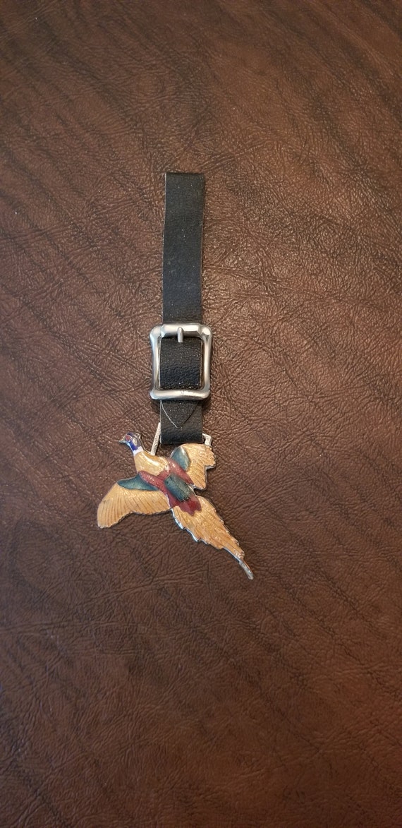 Vintage Enameled Pheasant Fob with Leather Strap, 
