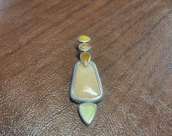 Vintage Whitney Kelly WK Geometric Pendant, Signed Sterling Silver Gemstone Pendant with Jasper, Pink Aventurine, Citrine and Quartz