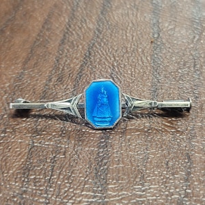 Beautiful Vintage French 900 Silver and Enameled Virgin Mary Brooch, Art Deco Religious Brooch, Enameled Virgin Mary Pin with Trombone Clasp