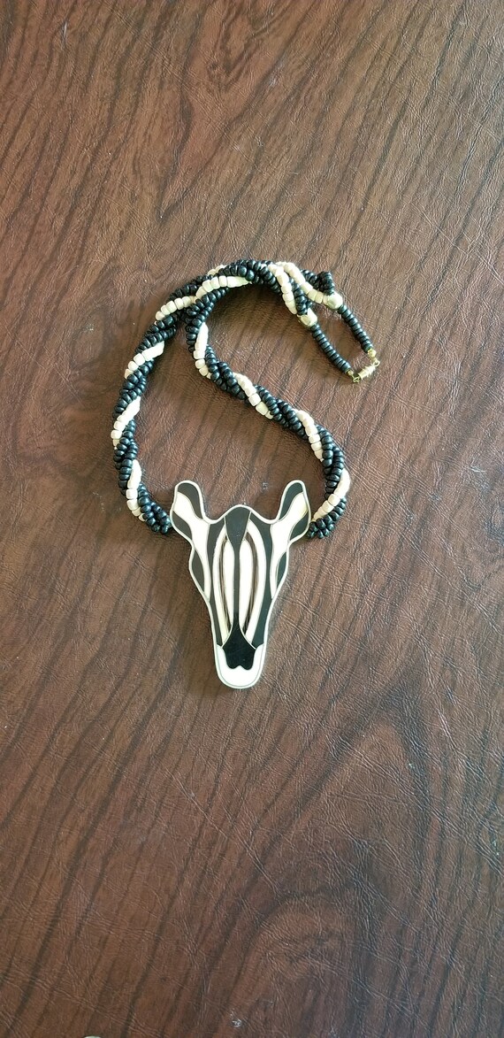 Vintage Mosaic Zebra Necklace, Tan, Dark Brown, an