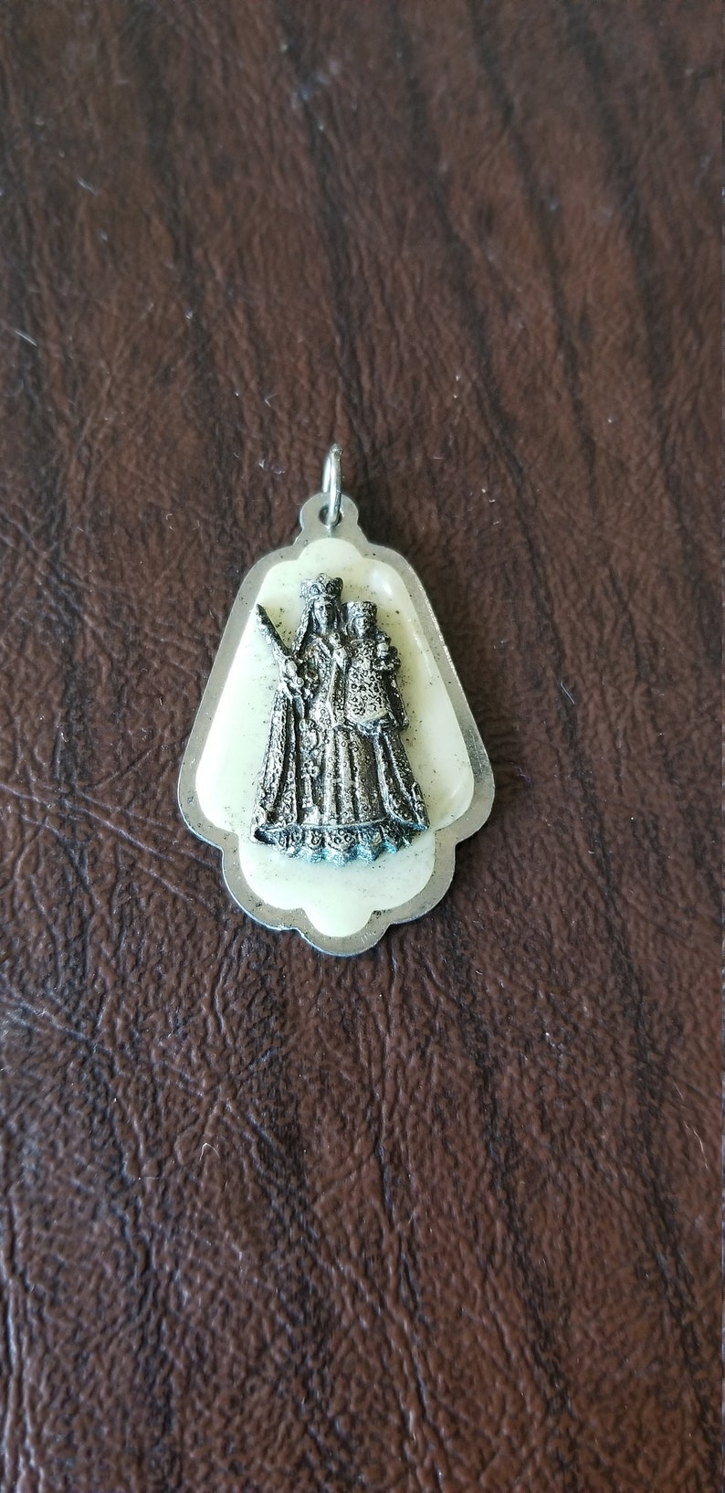 Vintage Italian Religious Medal Silver Metal and Celluloid Our Lady of Consolation MedalPendant