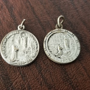 Vintage French Lourdes 100 Year Anniversary Medals/Pendants, 2 Different Silver Plated Medals,1958 Virgin Mary Centennial Medals From France