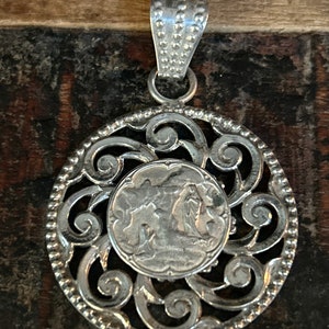 Vintage silver tone metal Our Lady of Lourdes ornate religious pendant