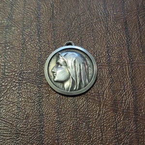 Vintage French Virgin Mary Medal, Silver-Plated Metal with Image of Mary&#39;s Profile, Image of Fatima on the Reverse Side
