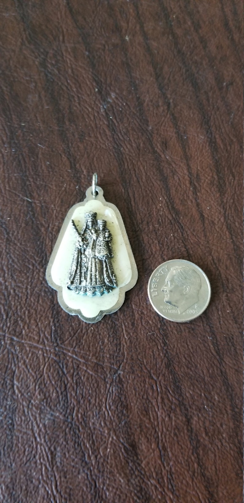Vintage Italian Religious Medal Silver Metal and Celluloid Our Lady of Consolation MedalPendant