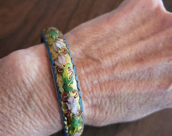 Vintage Chinese Cloisonne Bangle Bracelet, Enamel on Gilt Brass Bracelet, Raised Cut-Out Floral Design with Blue Enamel on Inside of Cuff