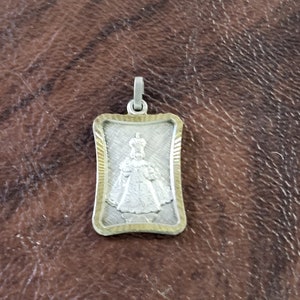 Infant of Prague Religious Medal, Silver-Toned Metal with Gold-Toned Rim or Frame, Nicely Detailed