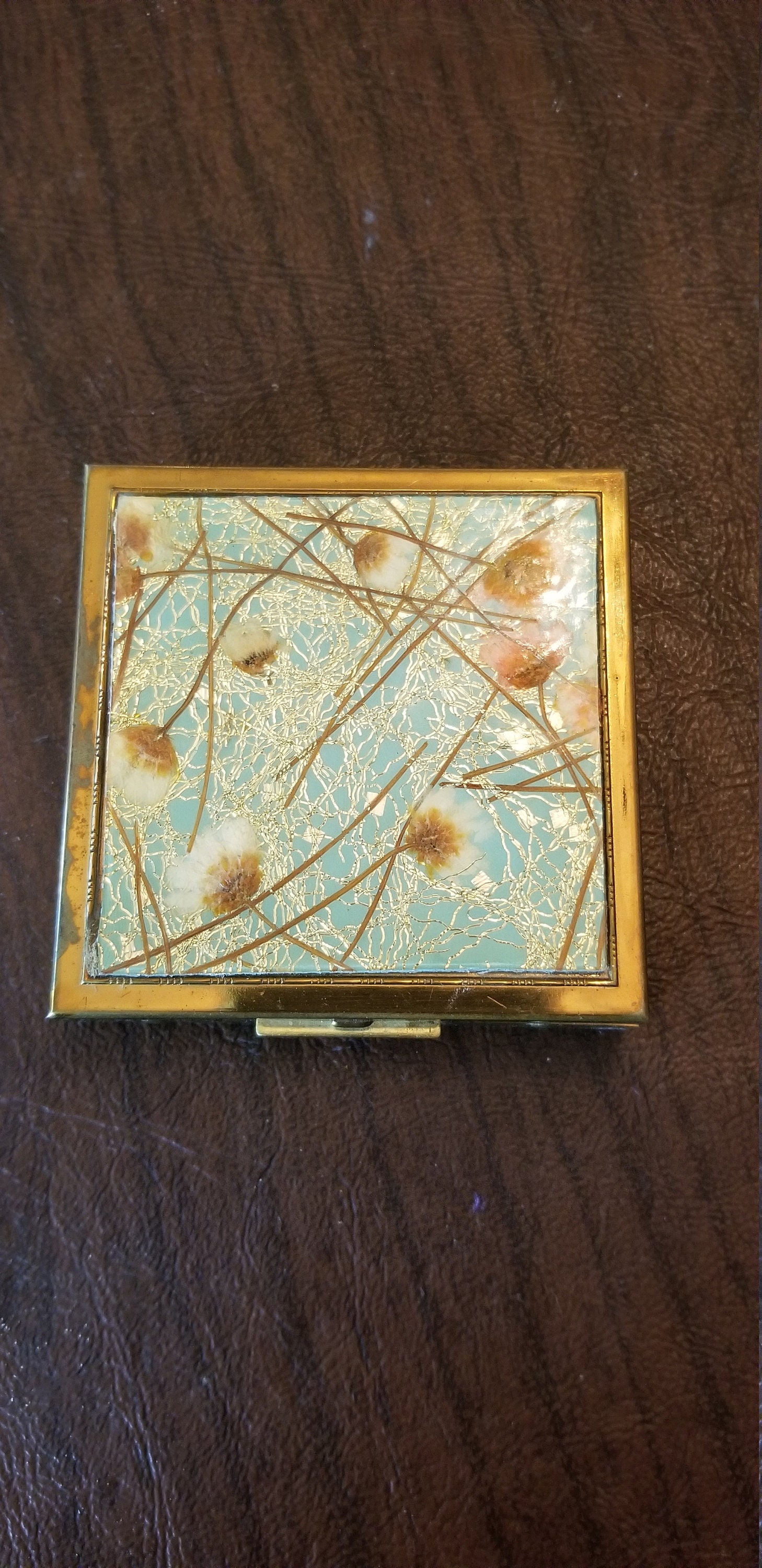 Vintage Zell 5th Avenue Powder Compact, Blue and Gold Foil Background with Pressed Flowers under a Thin Layer of Lucite or Plastic