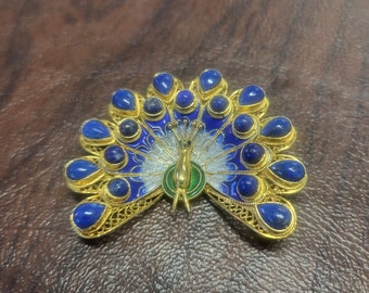 Vintage Gold over Sterling Silver,  Enamel & Genuine Lapis Peacock Brooch, Sterling Filigree Peacock w/ Beautiful Enameling and Lapis Stones