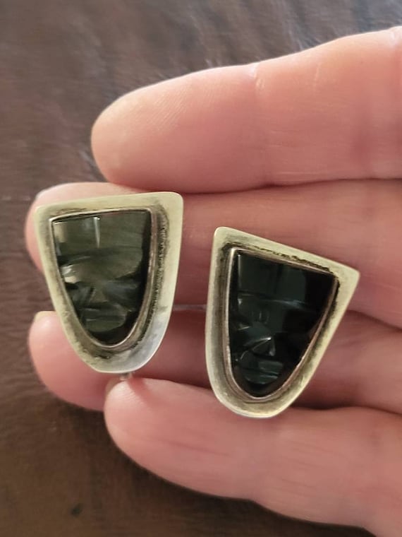Vintage Mexican Sterling Carved Stone Face/mask Earrings  display picture 1