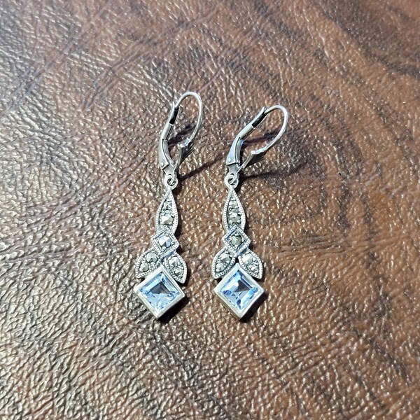 Sterling Silver, Marcasite, and Blue (Topaz?) Stone Earrings, Vintage Earrings with Art Deco Style, Sterling Pierced Drop Earrings