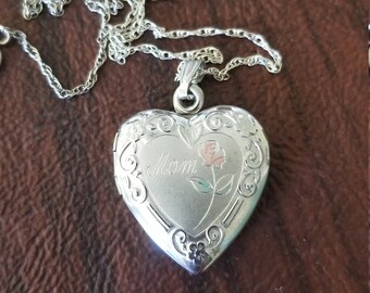 Vintage Sterling Silver "Mom" Locket Necklace, .925 Heart-Shaped Locket That Holds 2 Pictures, Hangs on 18-20 Inch Sterling Chain