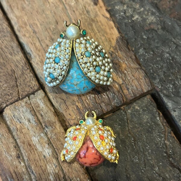 Vintage gold tone bug broochespins with faux pearls and colored stones, unsigned Hattie Carnegie?
