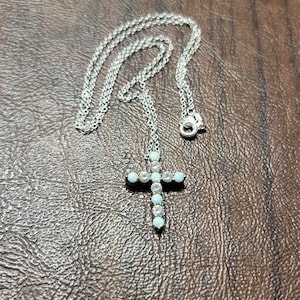 Sterling Silver Opal and Cubic Zirconia Cross Necklace, Vintage Silver Cross with Alternating Lab? Opals & CZs, 18 Inch Sterling Chain