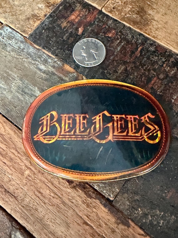Bee Gees 1978 Pacifica Mfg vintage oval shaped holographic belt buckle, pop music memorabilia View 2