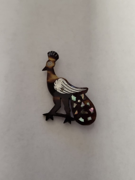 Vintage Peacock Brooch, Celluloid? Brooch, Shell?… - image 1
