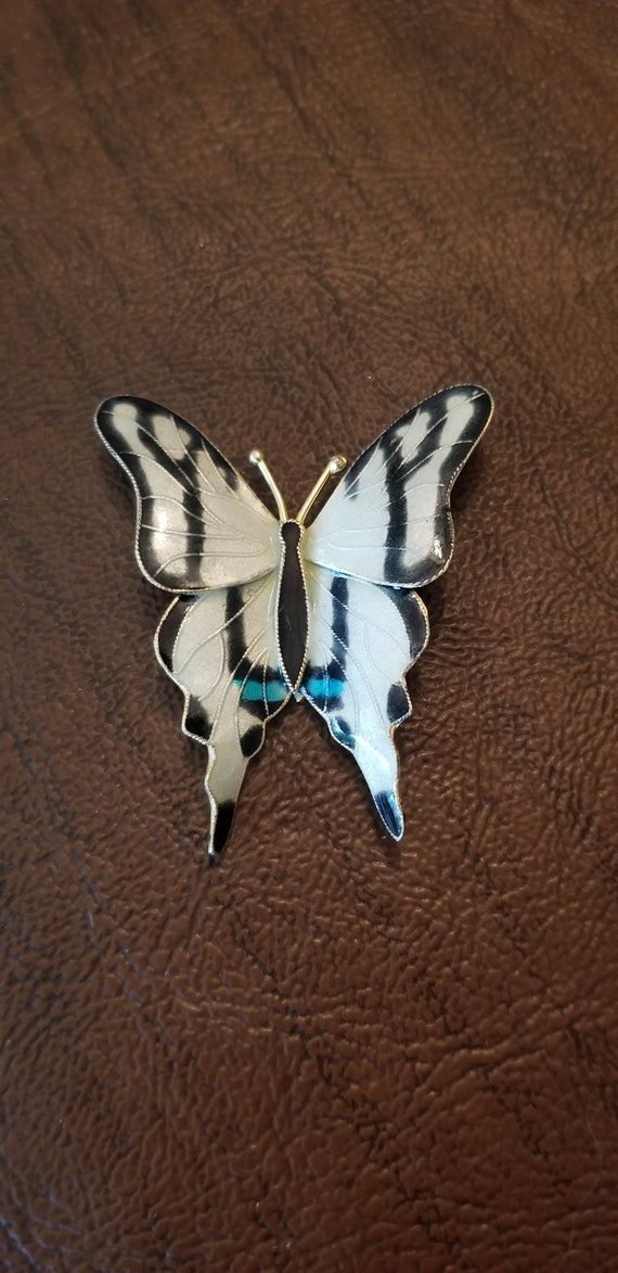 Gorgeous Vintage Guilloche Butterfly Brooch, Black