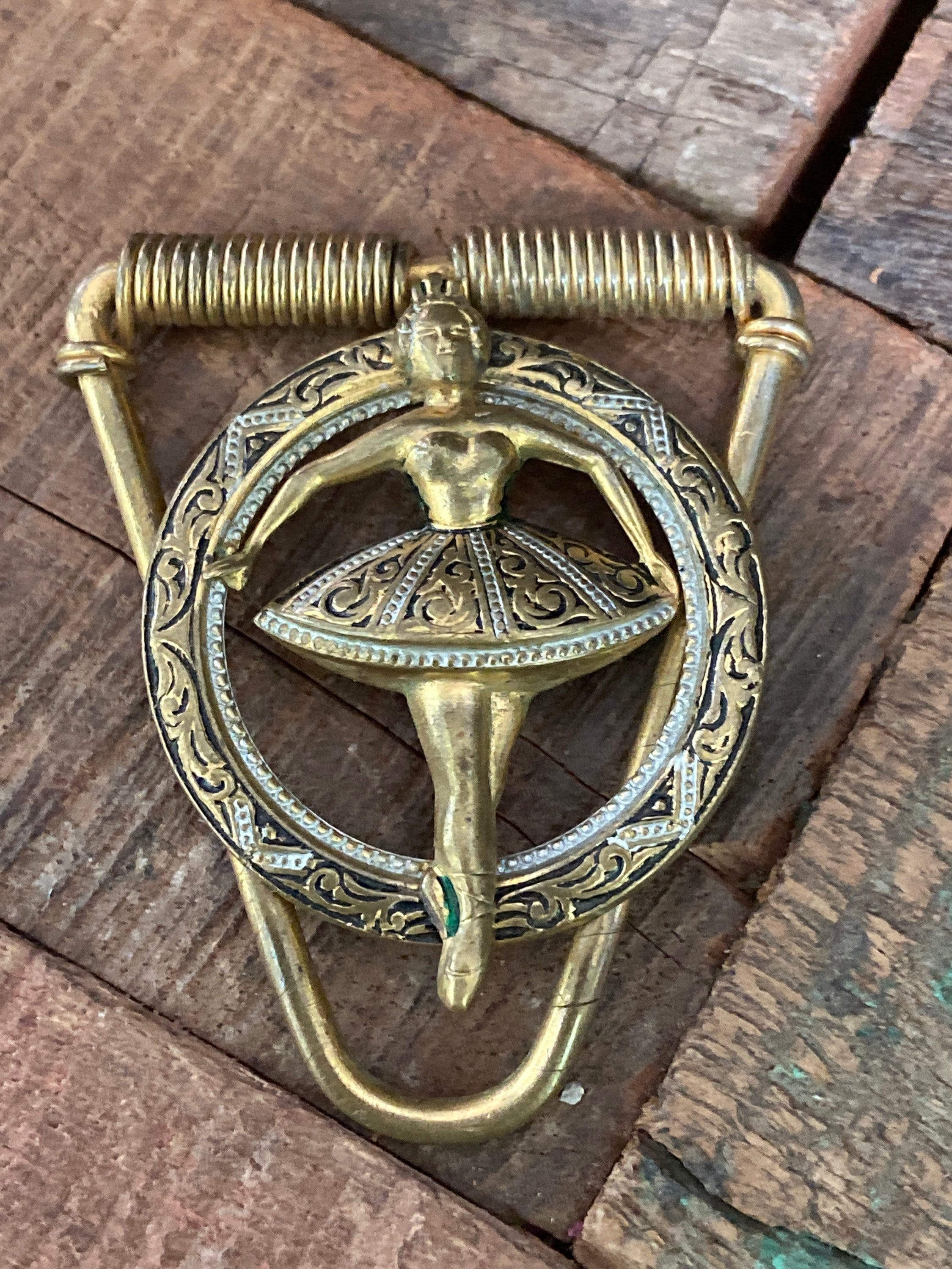 Unique vintage brass tone damascene ballerina spring clip, dress clip? or scarf clip?
