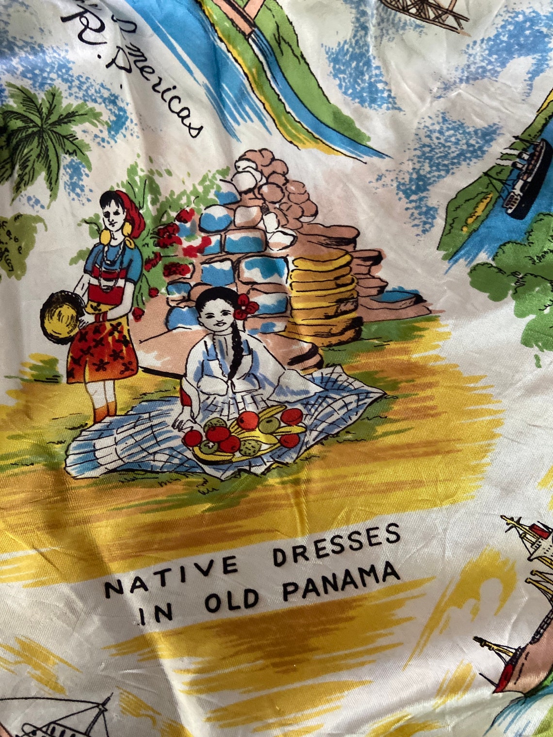 Large vintage souvenir of Panama silky scarf with ships Etsy