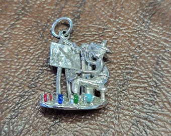 Vintage M&M Sterling Silver Painter/Artist Charm or Pendant, Figural Charm of Man Painting a Picture on an Easel, Unique Charm