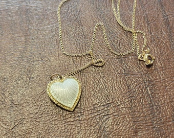 Vintage David Anderson Norway White Guilloche Heart Pendant, Gold over Sterling Enameled Heart Pendant on 18 Inch 12K Gold-Filled Chain