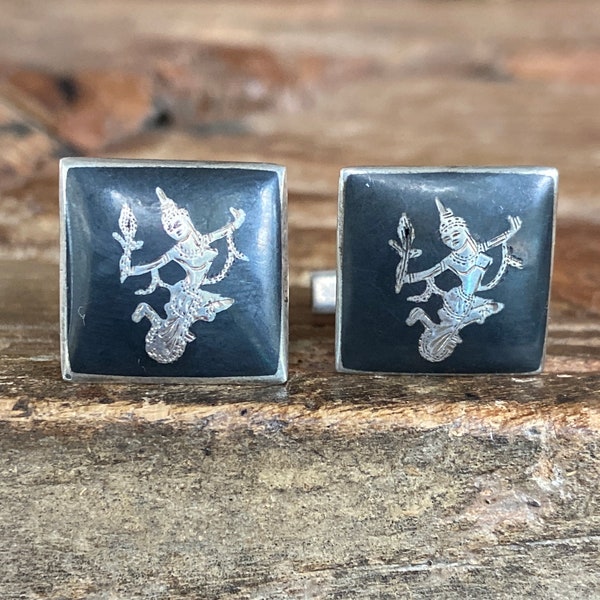 Vintage pair of square Siam sterling cufflinks, Siam dancer cufflinks