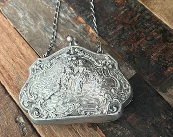 Antique Victorian silver? repousse dance purse, coin purse with scene on one side & MB monogram on the other